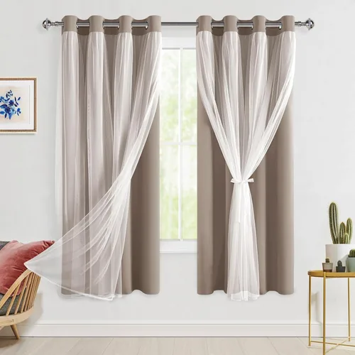 Miniatura 77 de Hiasan Cortinas opacas con superposición transparente, aislamiento térmico para mezclar y combinar de doble capa, cortinas de oscurecimiento de Beige