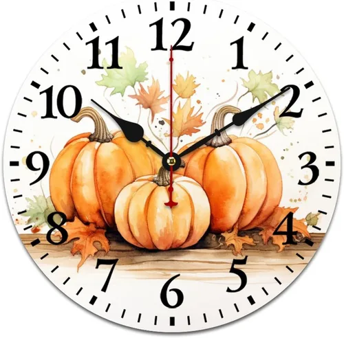 Miniatura 16 de Reloj de pintura de tinta acuarela amarillo verde calabazas hojas redondo creativo reloj decorativo sin tictac Acción de Gracias o Halloween reloj