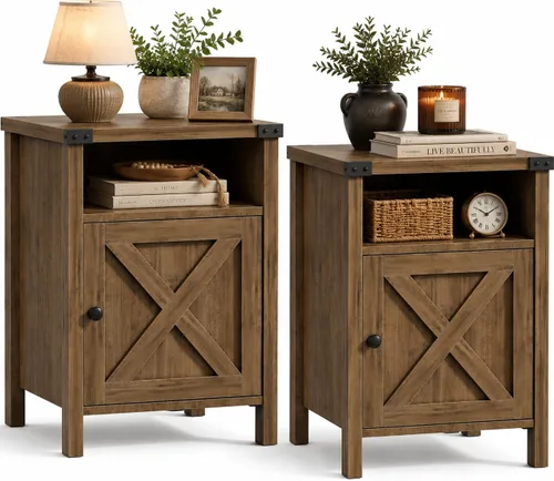 Miniatura 9 de Mesa Auxiliar de Granja, Mesa Lateral, Mesita de Noche, Mesa Auxiliar con Puerta de Granero y Estante, Mesita de Noche Moderna y Rústica para Natural