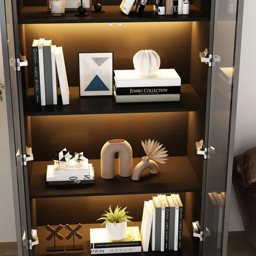 Miniatura 5 de Vitrina con luces, gabinete de vidrio con puertas y estantes de 4 niveles, vitrina para coleccionable, sala de estar, oficina, negro 31.5 pulgadas