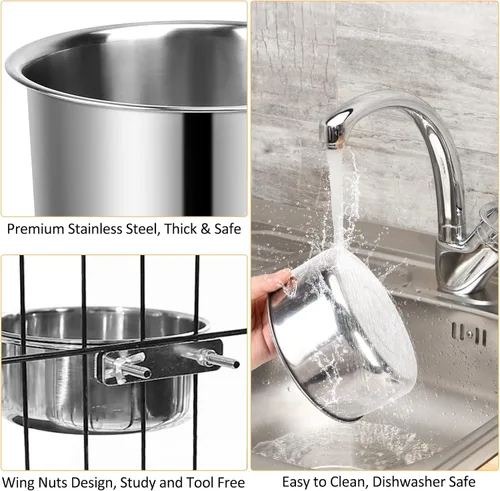 Miniatura 4 de Cuenco de agua para jaula de perro, 3 pzas cuencos de acero inoxidable para perros, cuenco de metal duradero antiderrames para mascotas para jaula