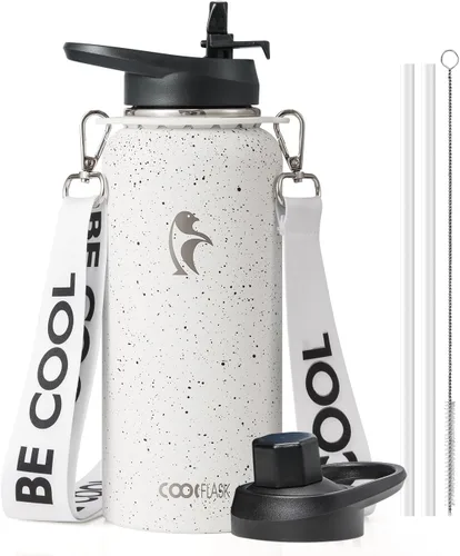 Miniatura 26 de Botella de agua Coolflask de 40 onzas con correa, botella de agua metálica aislada con popote y tapas con pico, acero inoxidable de doble pared al