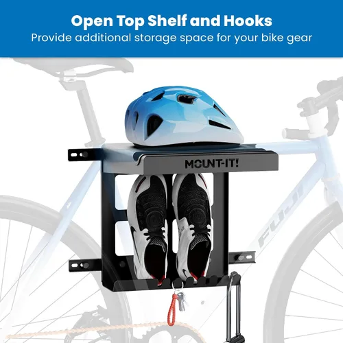 Miniatura 3 de Mount-It! Soporte de pared para bicicleta con estante y ganchos, soporte horizontal para interiores para garaje, hogar, ahorro de espacio, colgador