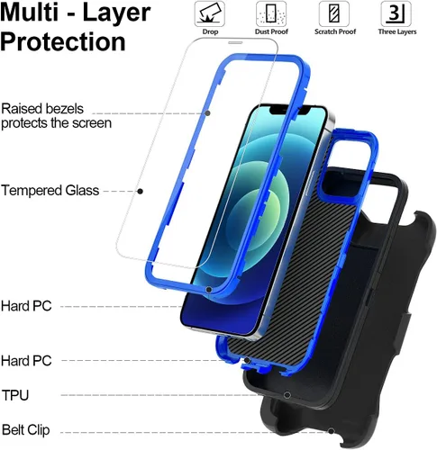 Miniatura 3 de Funda para iPhone 12 Mini con funda de clip para cinturón y 2 protectores de pantalla, funda de protección completa resistente de grado militar a
