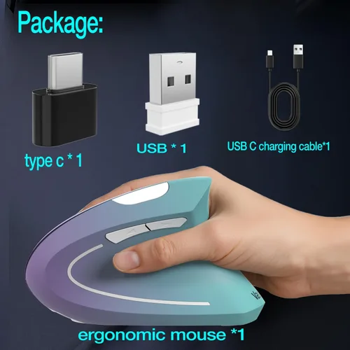 Miniatura 8 de Vassink Ratón ergonómico inalámbrico recargable, conexión USB A+Type C (2en1), 800/1200/1600 DPI, 6 botones, 2.4GHz, ratón vertical para túnel