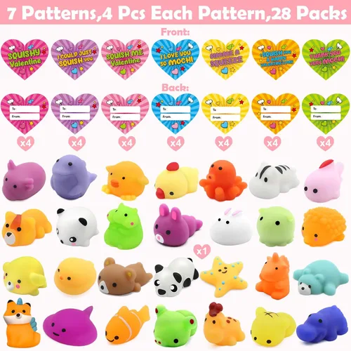 Miniatura 2 de SURCVIO Paquete de 28 juguetes esponjosos Mochi de San Valentín para niños, tarjetas de felicitación y mochi de animales rellenos