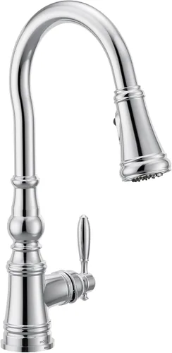 Miniatura 34 de Moen WeymouthBrushed Gold S73104BG - Grifo de cocina con resorte de preenjuague de un mango con refuerzo de potencia para una limpieza más rápida
