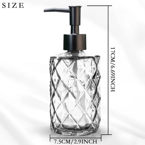 Miniatura 2 de 2 dispensadores de jabón de vidrio transparente con bomba, dispensador de jabón recargable de 11 oz con diseño de diamante para lavado de manos