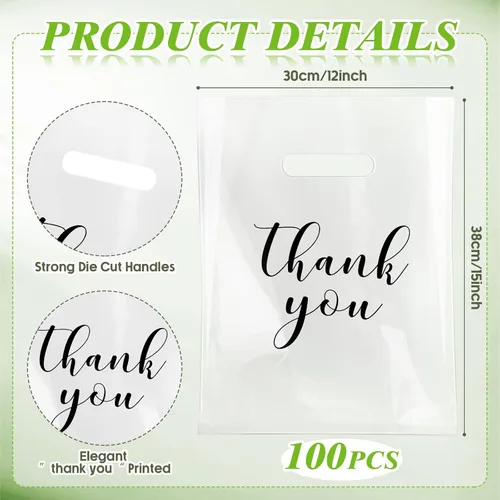 Miniatura 2 de Crtiin 100 piezas de bolsas de mercancía transparentes con texto "Thank You" y asas troqueladas, bolsas de plástico para camisetas, embalaje
