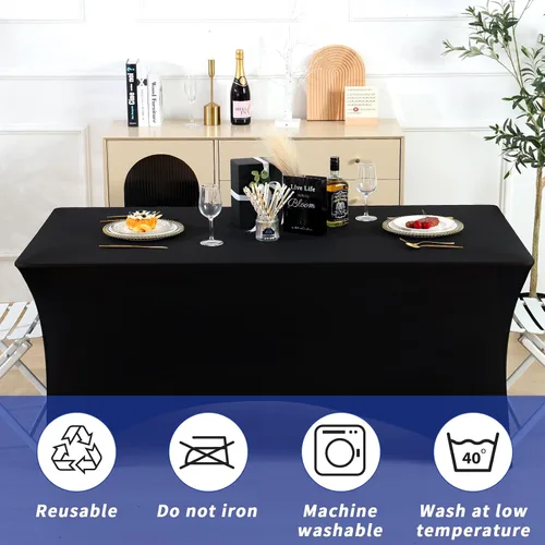 Miniatura 5 de Fixwal Paquete de 3 manteles rectangulares color negro de 8 pies, de elastano elástico, ajustable para fiestas, ferias, bodas, bufés, graduaciones