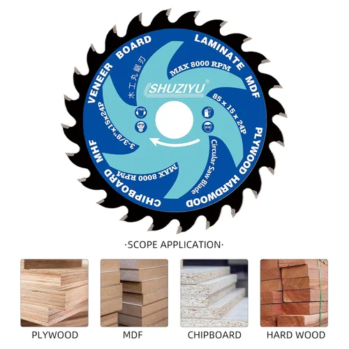 Miniatura 4 de 3-3/8" (85mm)-24T, hoja de sierra circular de trabajo de madera, eje 0.591 in con 3/8"(10mm) Wahser, para laminado, tablero de chapa, madera