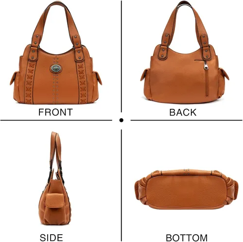 Miniatura 4 de Bolso de mano para mujer grande, bolso western, damas con asa superior, bolsos de hombro vintage con conchas grabadas y tachuelas