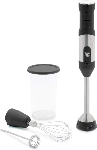 GreenLife Batidora de mano eléctrica de inmersión de 500 vatios con cuchillas de acero inoxidable, batidor, espumador, taza y tapa medidora, sopas,