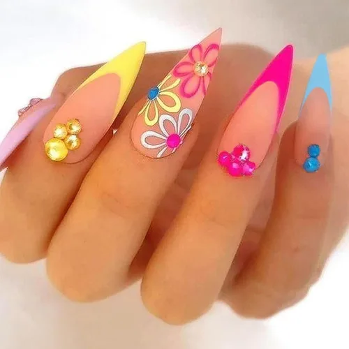 Miniatura 9 de Uñas postizas ovaladas a presión con puntas francesas, juego de uñas postizas cortas de flores artificiales, uñas postizas acrílicas con diseños