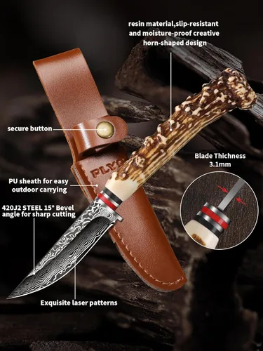 Miniatura 3 de Plys Cuchillo de hoja fija con funda de cuero, hecho a mano, acero inoxidable forjado, supervivencia, campamento, caza, táctico y cuchillo