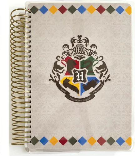 Paper House Productions Harry Potter - Agenda de 12 meses sin fecha de 7.5 pulgadas con calcomanías de bandera de mes y evento, escudo de fundadores