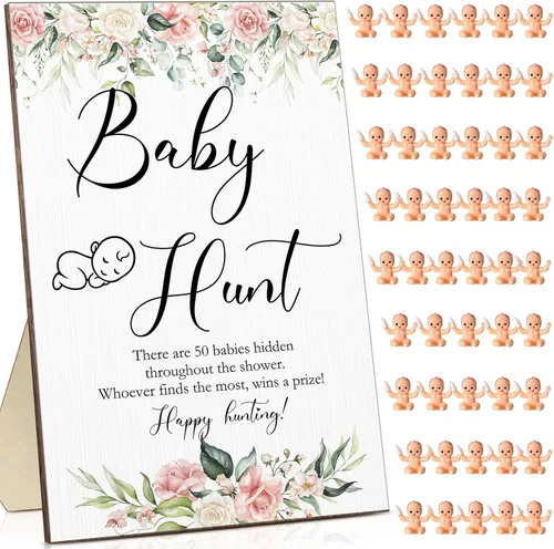 Miniatura 11 de Roowest Los juegos de baby shower de 51 piezas incluyen letrero de caza de madera, 50 mini juegos de plástico para baby shower, revelación