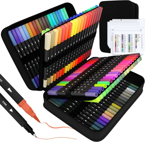sunacme Art - Proveedor de suministros artísticos, 110 marcadores de colorear para artistas, juego de marcadores de punta fina y pincel con estuche