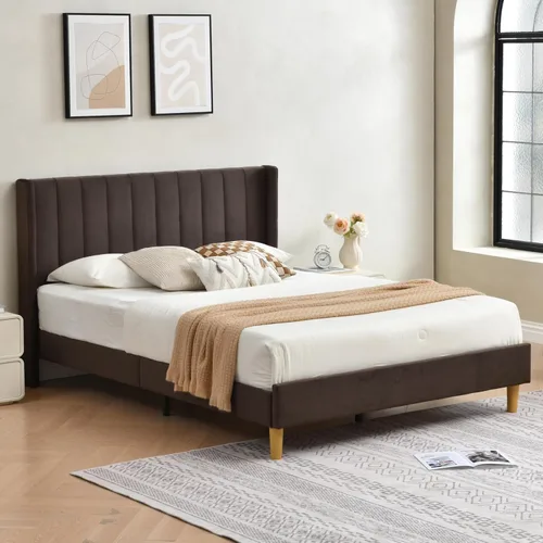 Miniatura 10 de Base de cama Queen con cabecero, base de cama de plataforma con respaldo de terciopelo vertical copetudo, soporte de listones de madera, no necesita