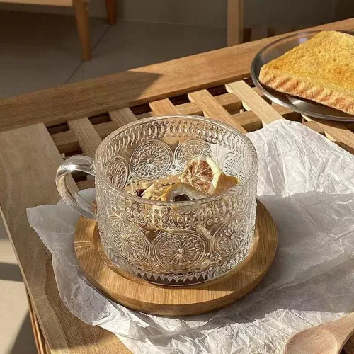 Miniatura 6 de Amzcku Tazas de té de café vintage, tazas de vidrio de 14 onzas, juego de 2 vasos en relieve con asa, para capuchino, café con leche, cereales