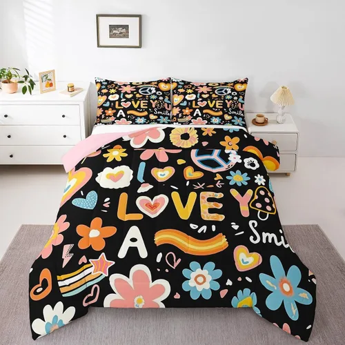 Miniatura 12 de Juego de ropa de cama floral retro, tamaño individual, vintage de los años 70 y 60, juego de edredón para niños, adultos y adolescentes, juego