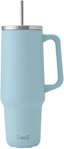 Miniatura 11 de S'well Vaso de acero inoxidable reciclado XL con popote y asa, 40 onzas, azurita, contenedor aislado al vacío de triple capa mantiene las bebidas