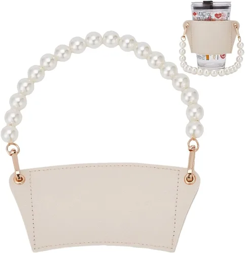Miniatura 7 de WADORN Funda reutilizable de piel sintética con asa de perla, soporte portátil para taza de café con cadena extraíble para taza de bebidas Negro