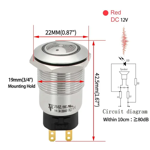 Miniatura 5 de Luz LED Roja Zumbador 12V 19mm Luz de Alarma Indicador Lámpara de Señal Piloto de Acero Inoxidable 0.75" Agujero de Montaje con Sonido de 85dB