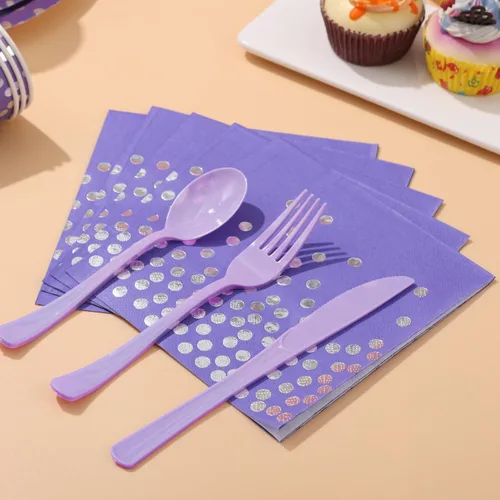 Miniatura 6 de Decoraciones de Fiesta Moradas, 168 Piezas Platos y Servilletas Morados Suministros para Fiestas, Platos de Cumpleaños Lavanda Sirve para 24