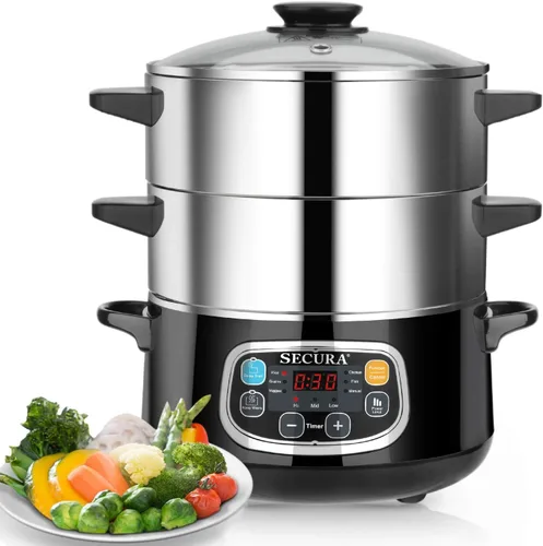 Secura Vaporizador eléctrico de alimentos, cestas apilables de doble nivel con temporizador, 1200 W, calentamiento rápido, acero inoxidable,