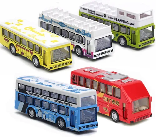 KIDAMI Juego de Coches y Autobuses de Juguete de Metal Fundido a Presión, Escala 1:64, Vehículos de Autobús Urbano de Dos Pisos, Coches de Retroceso