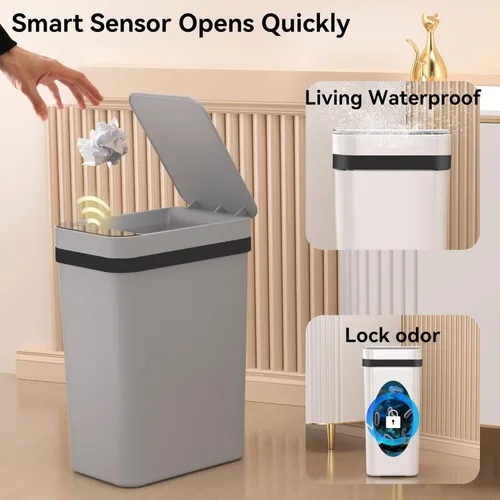 Miniatura 4 de FRESHLIX - Juego de 3 cubos de basura para baño de 10 litros, pequeños cubos de basura automáticos sin contacto con sensor de movimiento, delgados