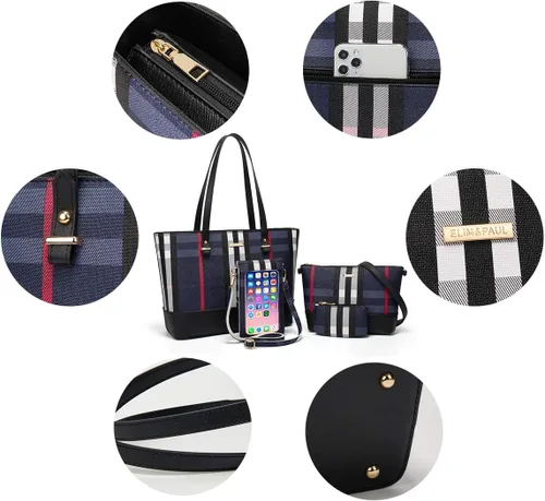 Miniatura 157 de Juego de 4 bolsas modernos para mujer de cuero sintético: bolso tote, bolso de hombro, bolso de mano y cartera.