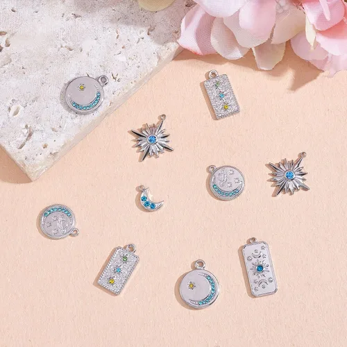 Miniatura 3 de 14 dijes de estrella de luna 304 de acero inoxidable con diamantes de imitación colgantes para manualidades, joyas, collares, aretes, suministros
