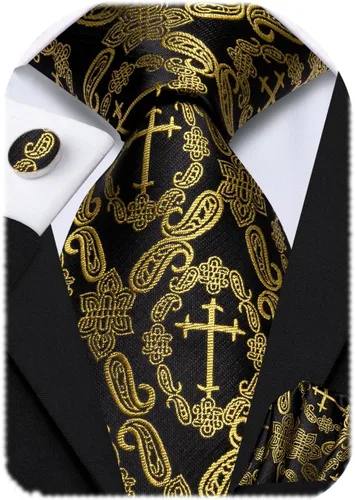 Miniatura 311 de Hi-Tie Corbata clásica de cachemira para hombre con pañuelo y gemelos a cuadros