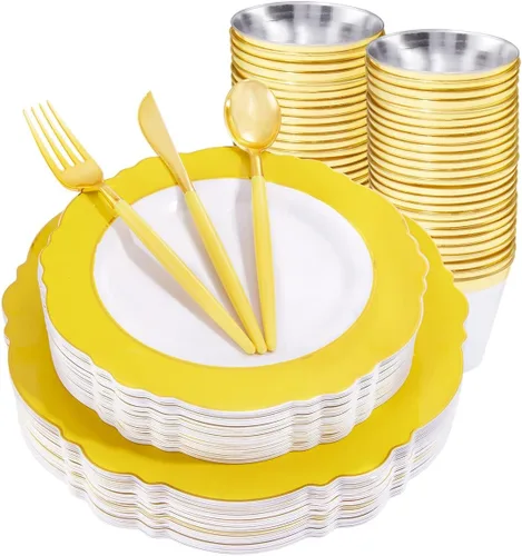 Miniatura 17 de WDF - Vajilla de plástico desechable para 30 invitados platos color oro y cubiertos color oro con mango blanco - Vajilla de plástico barroco blanco