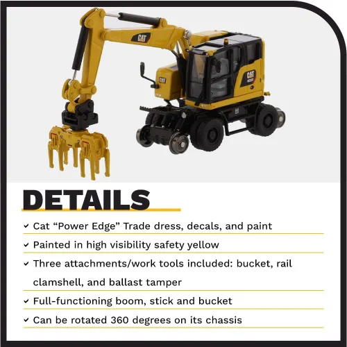 Miniatura 5 de Diecast Masters CAT Caterpillar M323F Excavadora de ruedas de ferrocarril con 3 accesorios High Line Series 1/87 (HO) Escala Diecast Modelo 85612