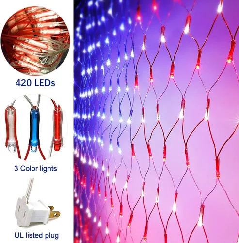 Miniatura 2 de Luces de red de bandera estadounidense, decoraciones del 4 de julio, 420 luces LED de bandera de Estados Unidos, adorno patriótico impermeable