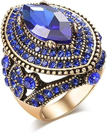 Anillo vintage precioso de gran tamaño chapado en oro con incrustaciones de cristal punk, turco colorido, joyería para cenas, fiestas, para mujer