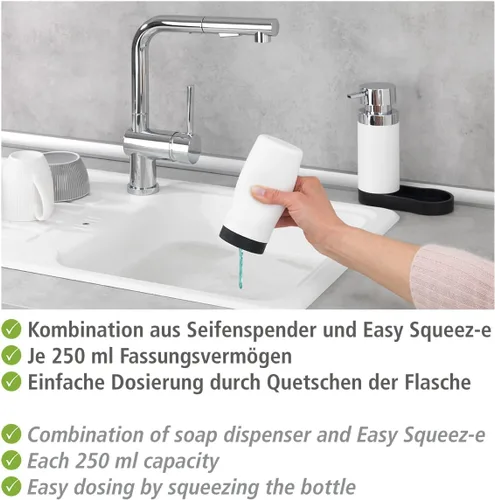 Miniatura 4 de WENKO Estación dispensadora de jabón para platos para fregadero de cocina, botella exprimible para lavar líquidos y jabón de manos, botellas Blanco