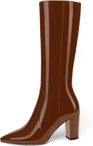 Miniatura 198 de AMBELIGHT Botas altas hasta la rodilla con cremallera y puntera puntiaguda para mujer, de patente sólida, tacón alto, 3.3 pulgadas