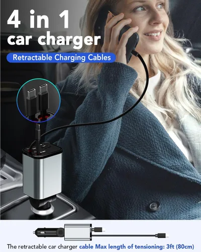 Miniatura 6 de Adaptador de Carga de Coche Retráctil para iPhone 17, Cargador de Coche para Teléfono 4 en 1 de Carga Rápida, Accesorios para Coche y Camión USB C