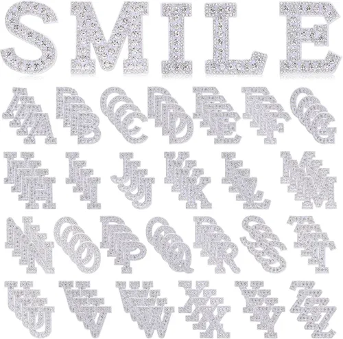 Miniatura 8 de Zeyune 104 piezas de diamantes de imitación y perlas para planchar, parches decorativos de letras A-Z con brillantina y purpurina del alfabeto