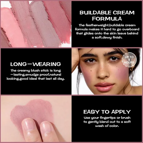Miniatura 3 de FOCALLURE Maquillaje de Rubor en Crema, Barra de Rubor Destacable para Mejillas, Acabado Mate y Luminoso, Larga Duración, Aplicación Fácil, Barra