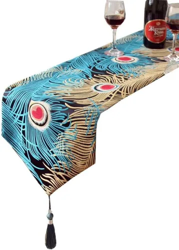 Miniatura 3 de Camino de mesa de pavo real con borlas, camino de pavo real jacquard para fiestas y bodas, camino de plumas de 13 x 90 pulgadas
