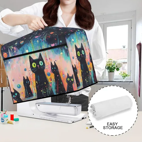 Miniatura 5 de Mumeson Cubierta antipolvo para máquina de coser de gatos negros con flores, para la mayoría de máquinas de coser estándar, plegable, duradera