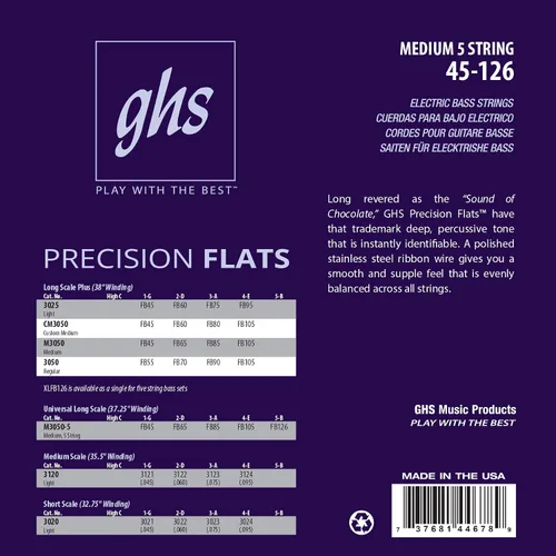 Miniatura 2 de GHS Strings, Bajos de precisión de 5 cuerdas, de acero inoxidable, bobinado de 37.25 pulgadas, mediano (45-126) (M3050-5)