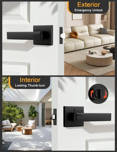 Miniatura 3 de Gobrico 1 paquete de manijas cuadradas de privacidad para puerta en acabado negro mate, manijas interiores sin llave, reversibles para puertas
