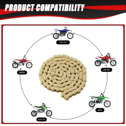 Miniatura 2 de KAMIER Cadena de transmisión 420 de 102 eslabones color dorado con herramienta de rotura de cadena para CRF50F XR50R KX65 KLX110 TTR110 50cc 70cc