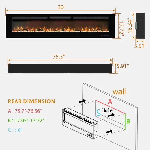 Miniatura 6 de Insertos de chimenea eléctrica de 80 pulgadas, chimenea empotrada y de pared, chimenea lineal con termostato, pantalla táctil y control remoto